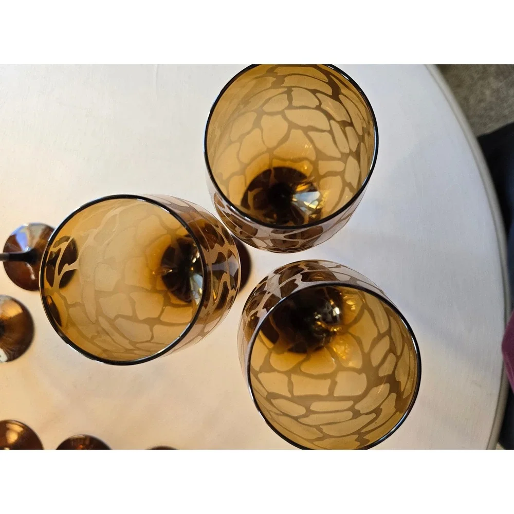 Set of 3 Amber Giraffe Print Etched Wine Glasses Brown Stem Safari‎ Barware